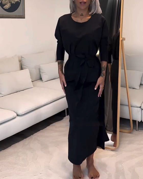 Fashion solid color pleated lace-up round neck dress