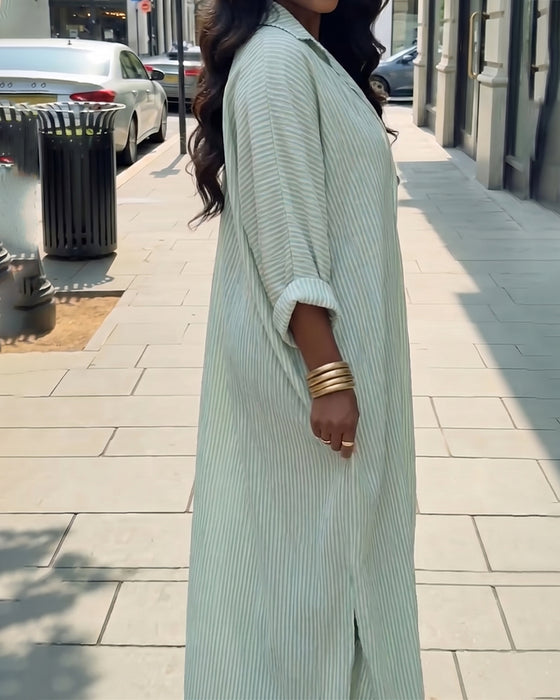 Long Sleeve Lapel Loose Striped Shirt Dress