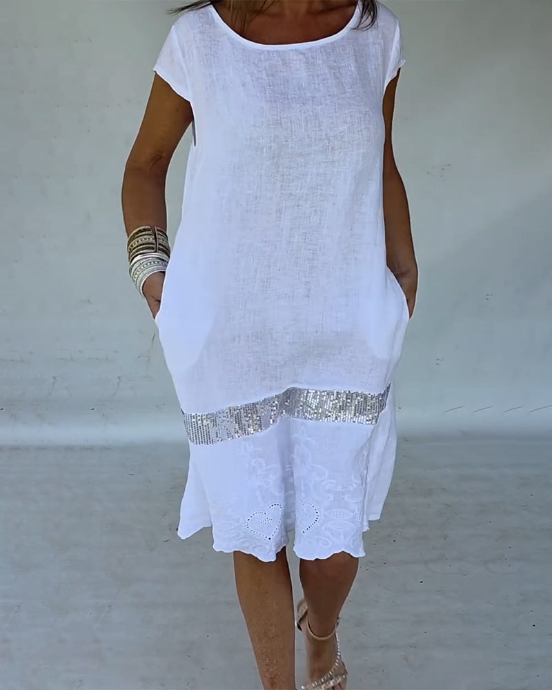 Round Neck Short Sleeve Solid Color Dress