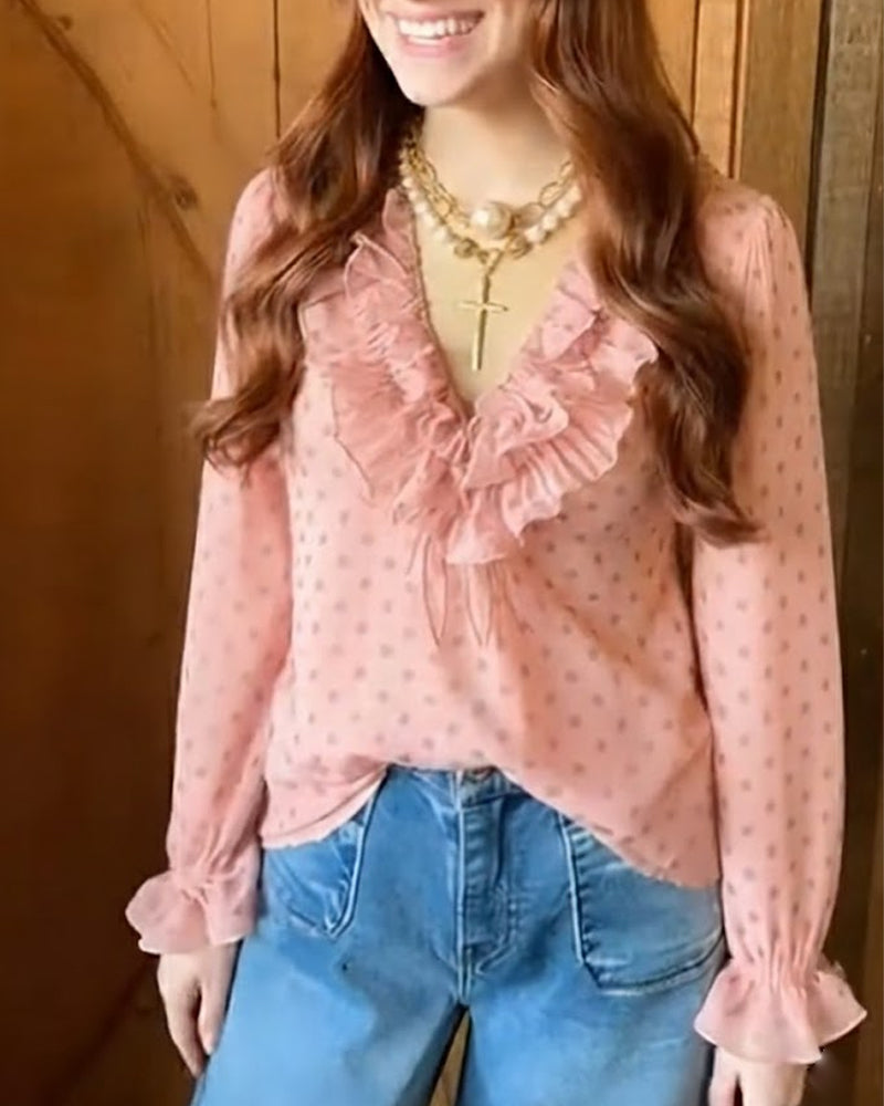 V-Neck Ruffled Polka-Dot Blouse