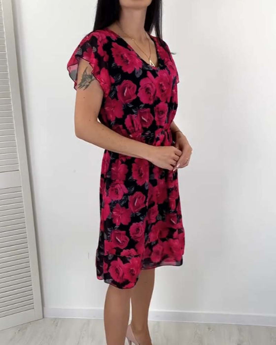 Short-sleeved rose print dress
