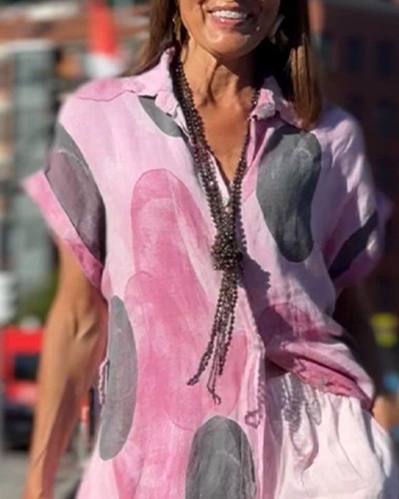 Shirt Collar Polka Dot Contrast Slit Dress