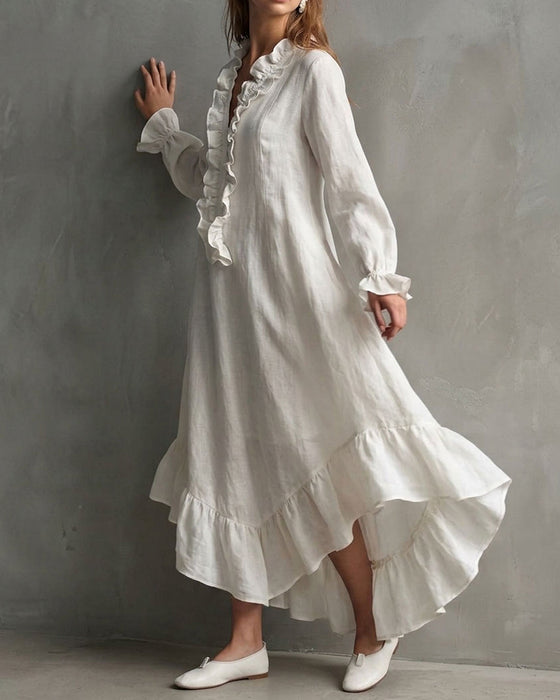 Long Sleeve Ruffled V-Neck Maxi Dress