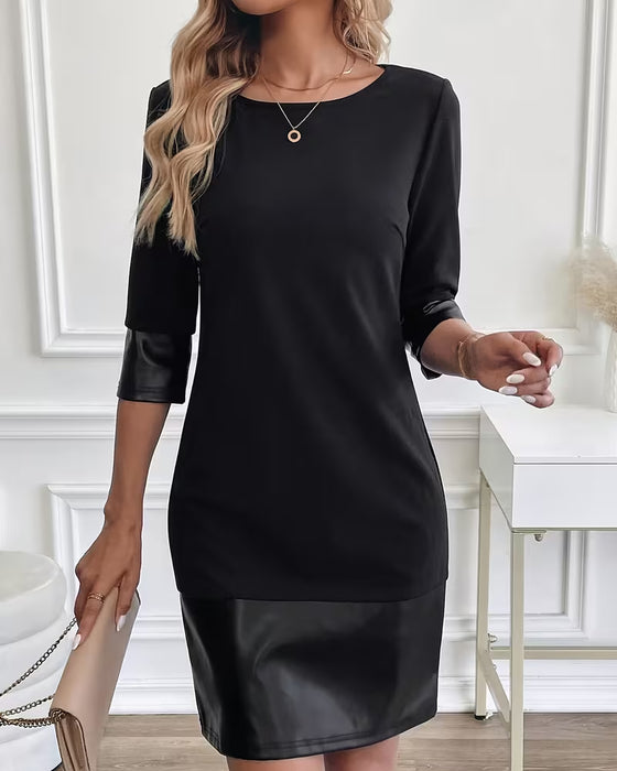 Pu Leather Patchwork Round Neck Dress