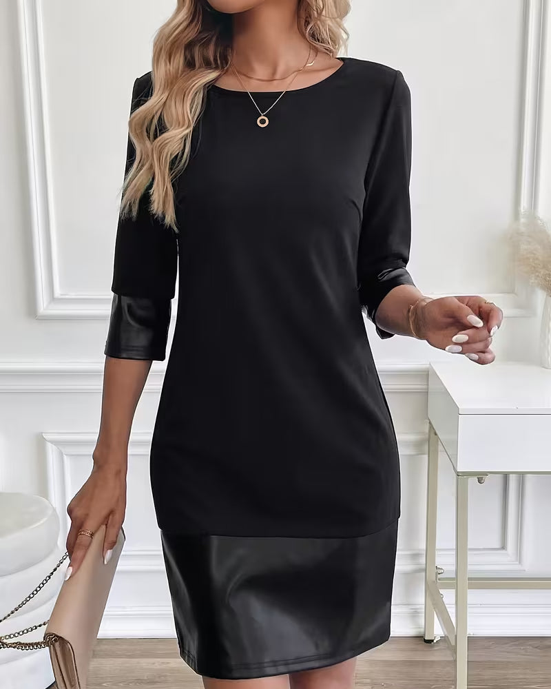 Pu Leather Patchwork Round Neck Dress