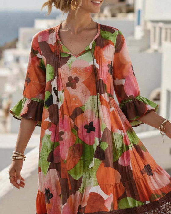 V-Neck Printed Three-Quarter Sleeve Dress