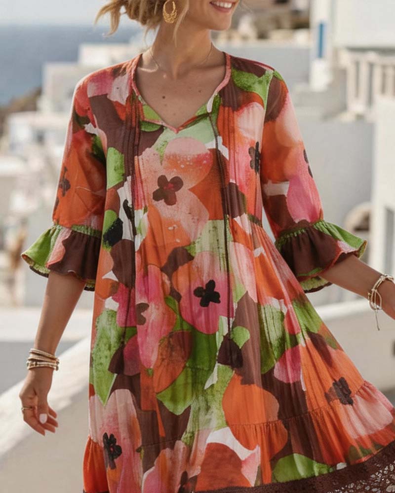 V-Neck Printed Three-Quarter Sleeve Dress