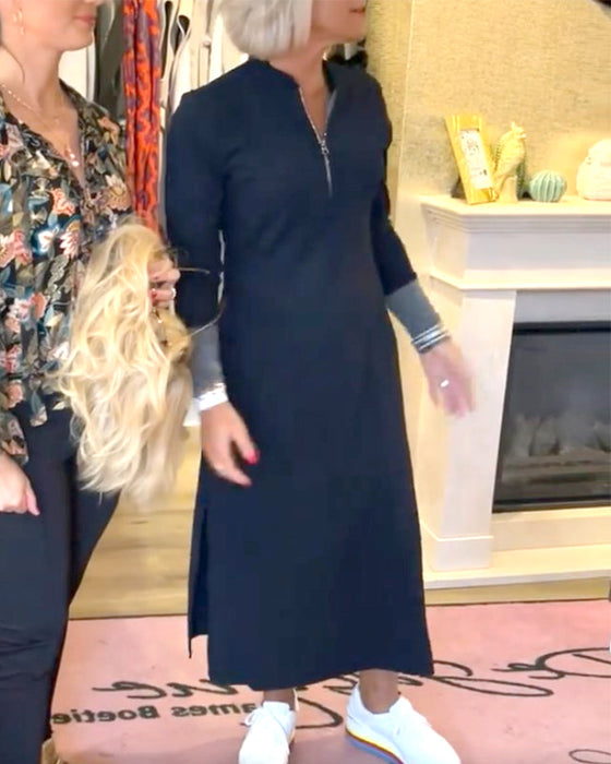 Casual V Neck Dress with Zipper
