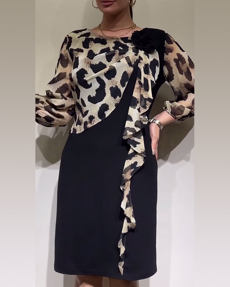 Leopard print splicing elegant dress