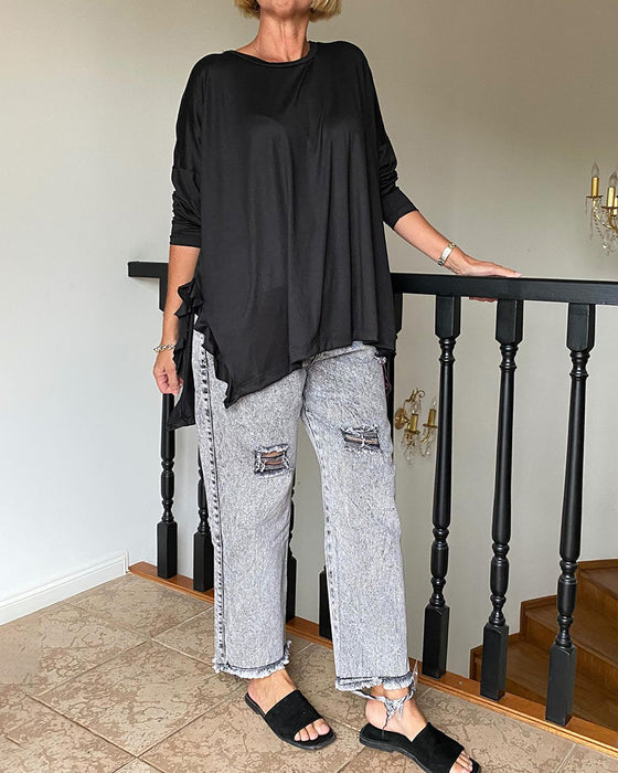 Solid color round neck casual blouse