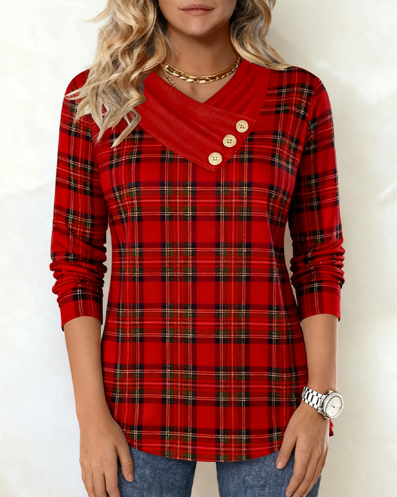 Scarf-Collar Plaid Long-Sleeved Top