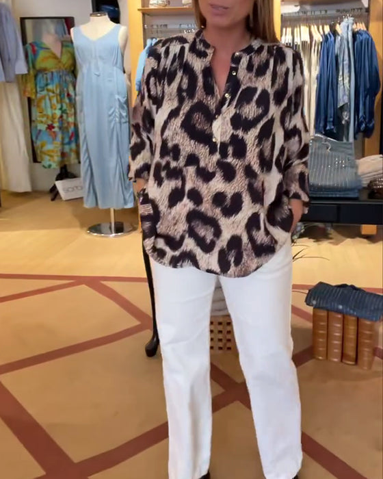 Loose Leopard Print Half Button Blouse