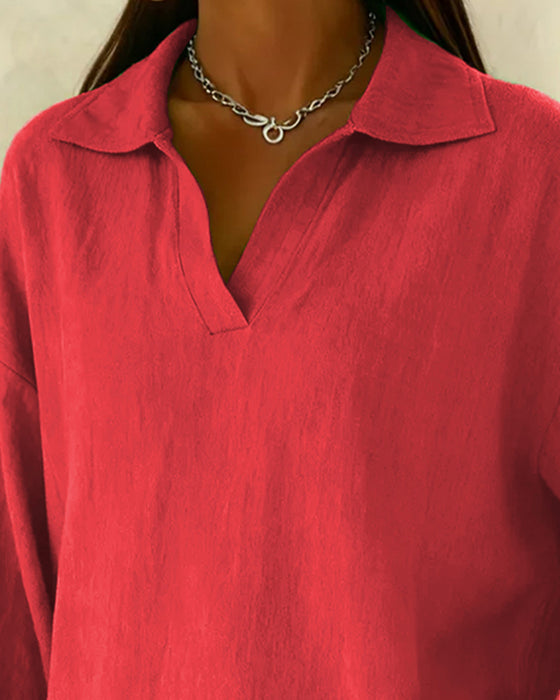 Cotton And Linen Lantern Sleeve Collared Solid Color Blouse