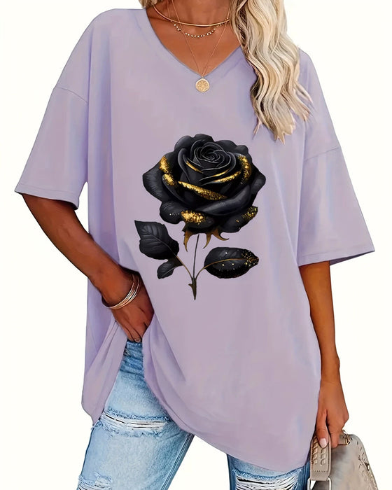 Rose Print Loose Fit Half Sleeve T-Shirt