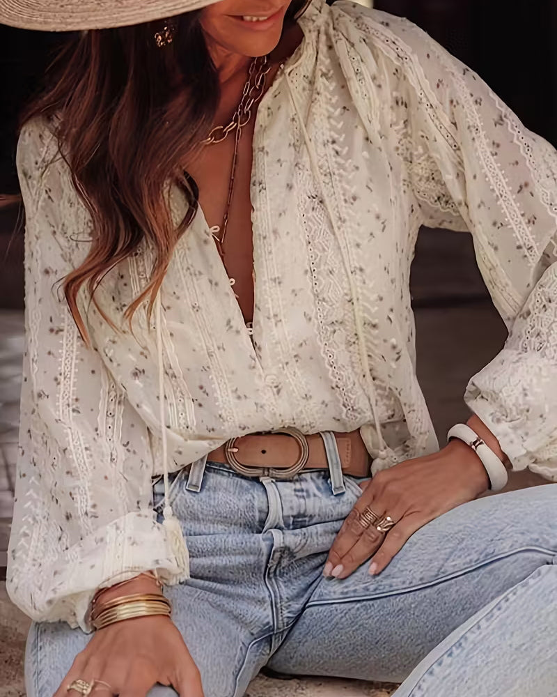 Floral Lace-Up Elegant Blouse