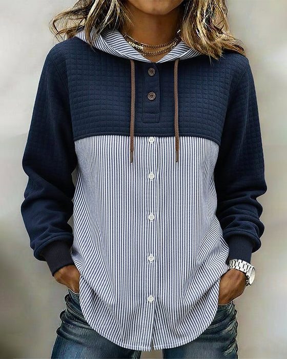 Buttoned Hooded Vertical Stripe Patchwork Shirt