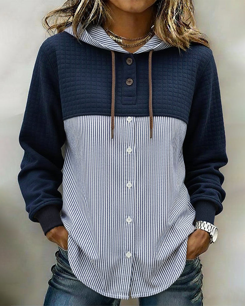 Buttoned Hooded Vertical Stripe Patchwork Shirt