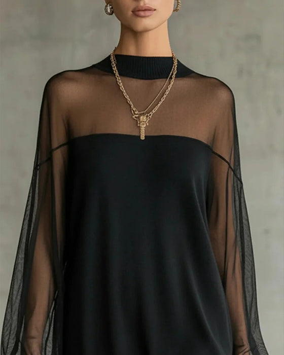 Lantern Sleeve Solid Color Patchwork Dress