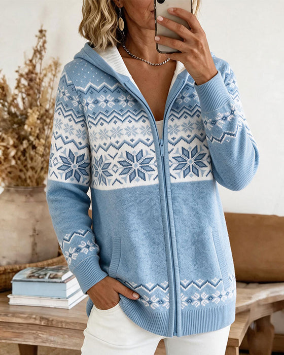 Hooded Zip Snowflake Print Cardigan