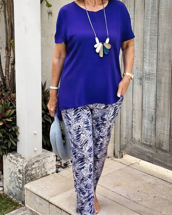 Solid Color Print Casual Set