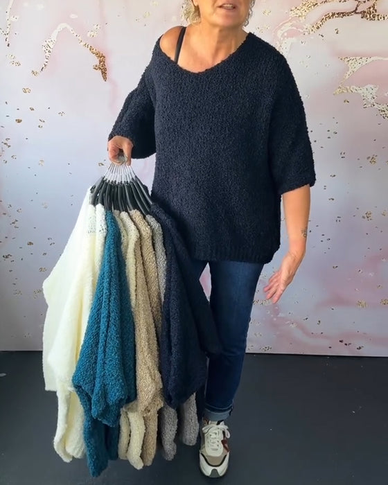 V-neck solid color casual pullover sweater