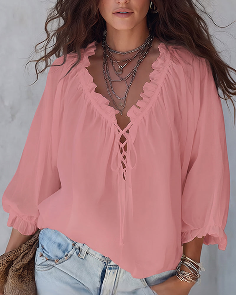V-neck Lace Up Blouse