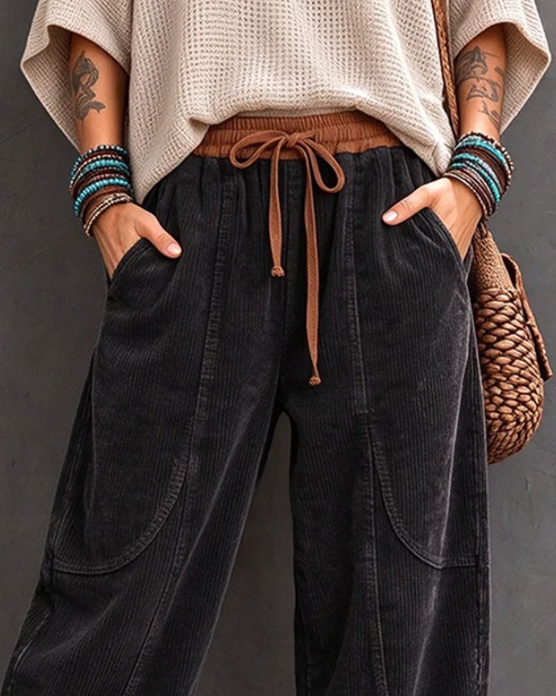 Elastic Waist Color-Block Cropped Wide-Leg Pants