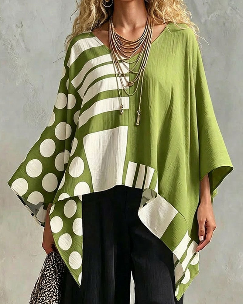 Polka Dot Stripe Patchwork V Neck Blouse