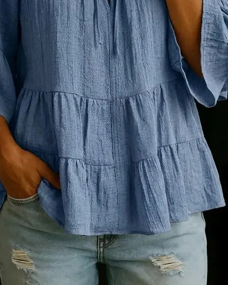 Drawstring Ruffle Flare Sleeve Blouse