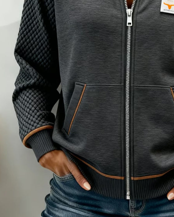 Zip Diamond Quilted Patchwork Color-Block Coat