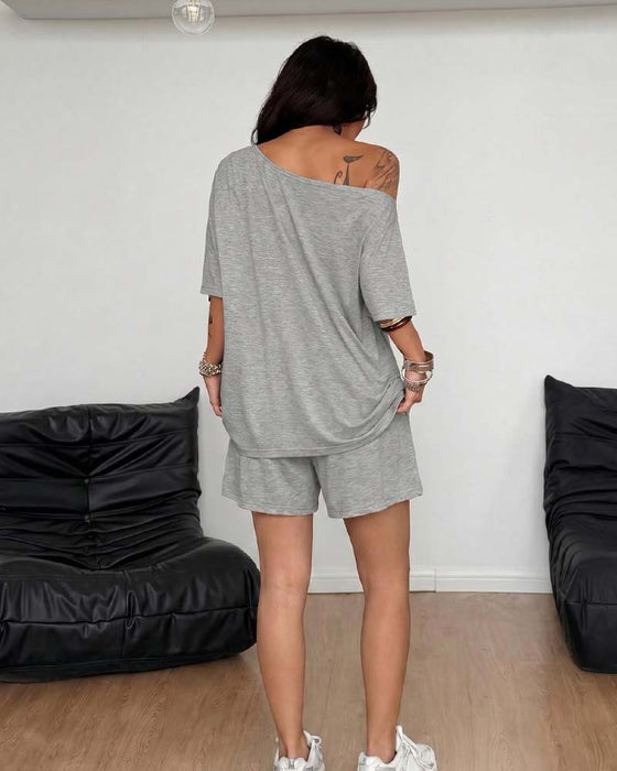 One-Shoulder Batwing Sleeve Loose Shorts Set
