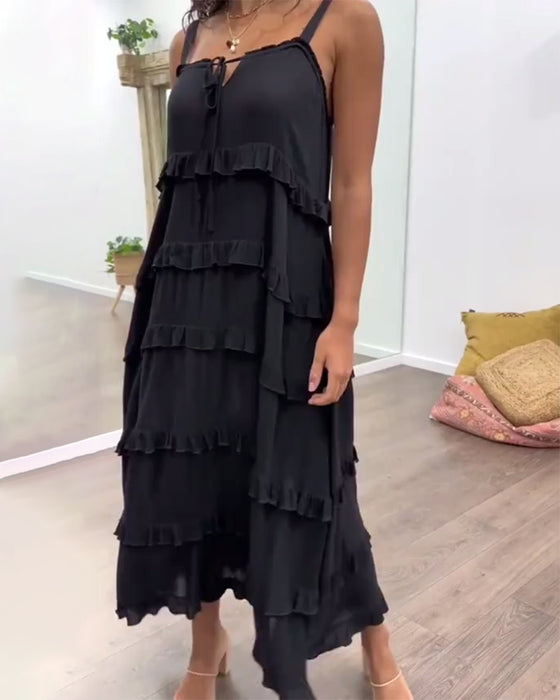 Casual Suspender Solid Color Ruffle Dress