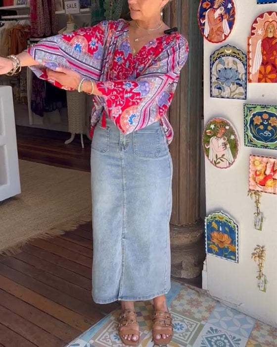 V-Neck Printed Long Sleeve Blouse