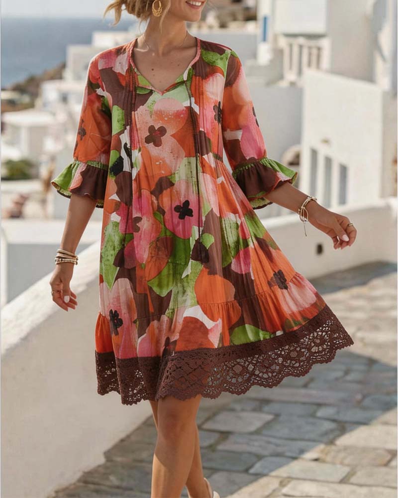 V-Neck Printed Three-Quarter Sleeve Dress