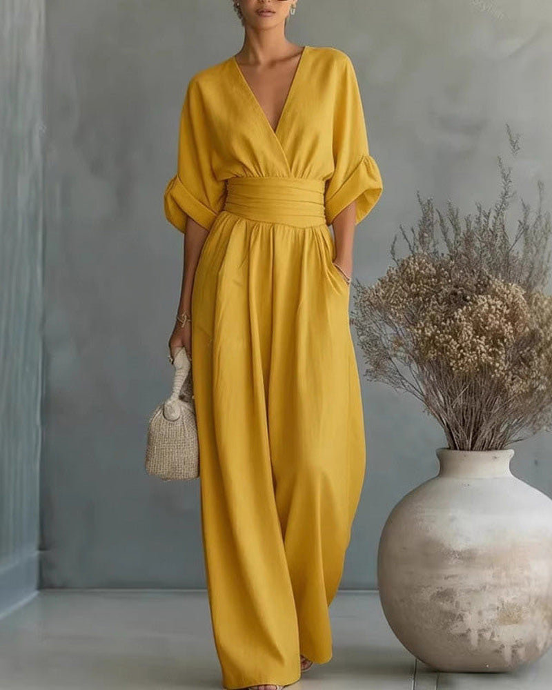 V-Neck Cross Waist-Cinching Wide Leg Jumpsuit