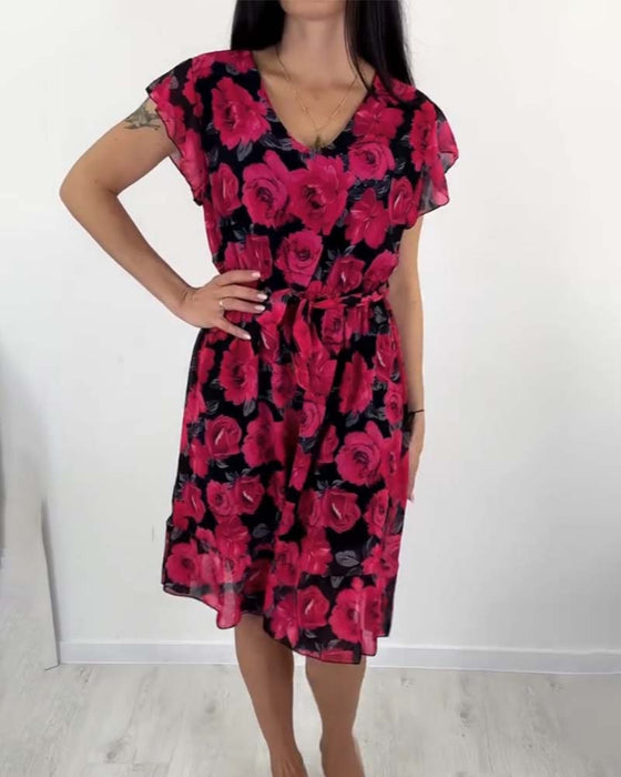 Short-sleeved rose print dress