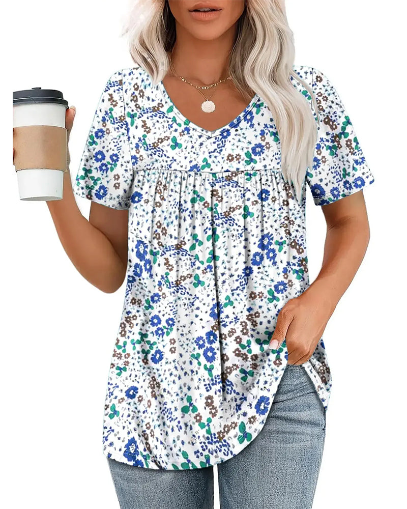 Floral V-Neck Short-Sleeved Blouse