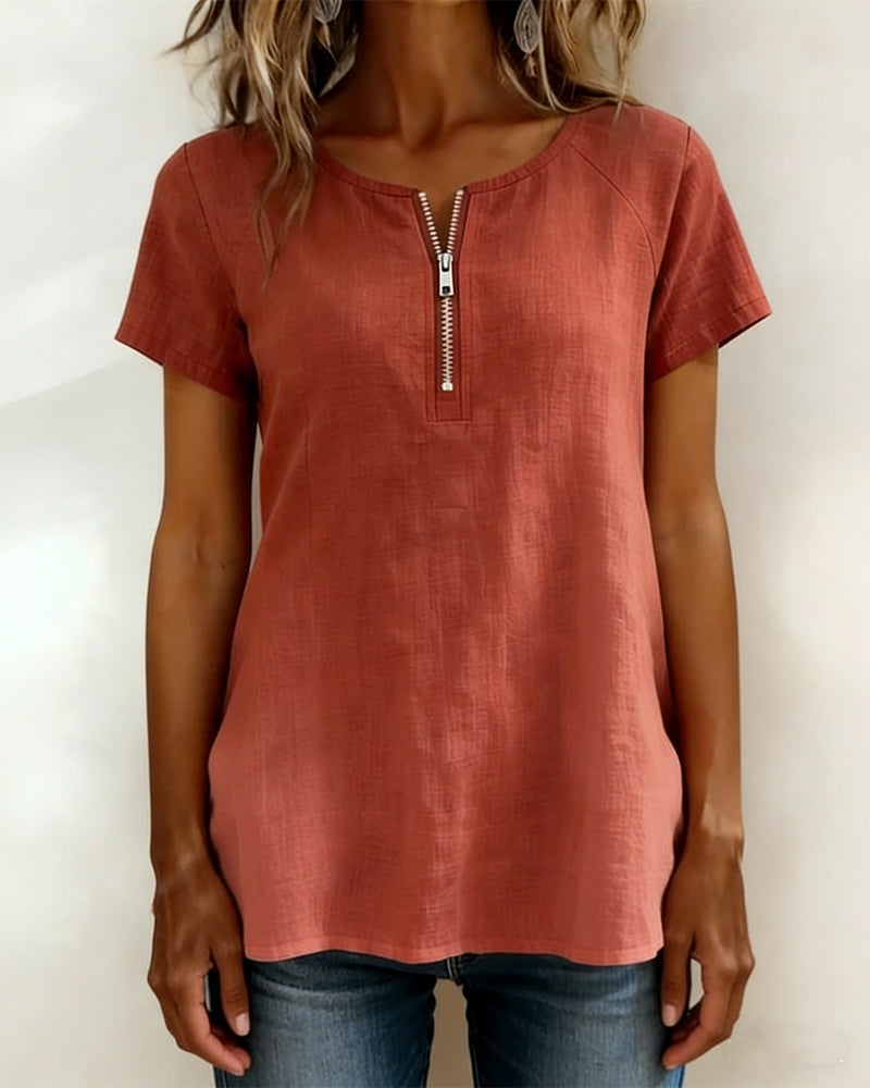 Half Zip Cotton Linen T-Shirt