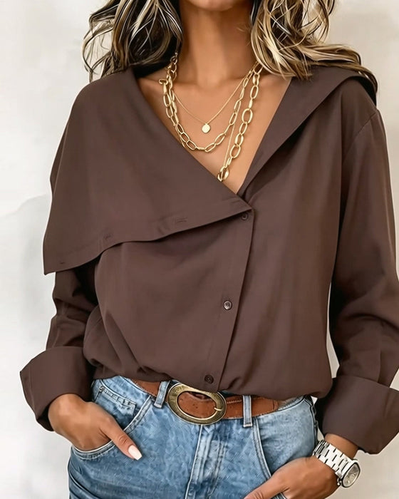Deep V Asymmetric Button Lapel Blouse