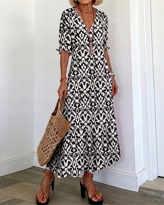 V-Neck Mid-Length Sleeve Ruffle A-Line Dress