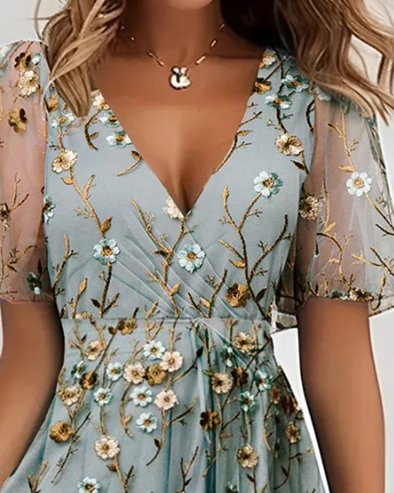 V-Neck Floral Cross High Waist Sheer Dress