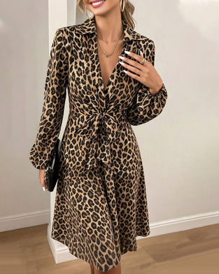 Leopard Print Lapel Waist Strapped Shirt Dress