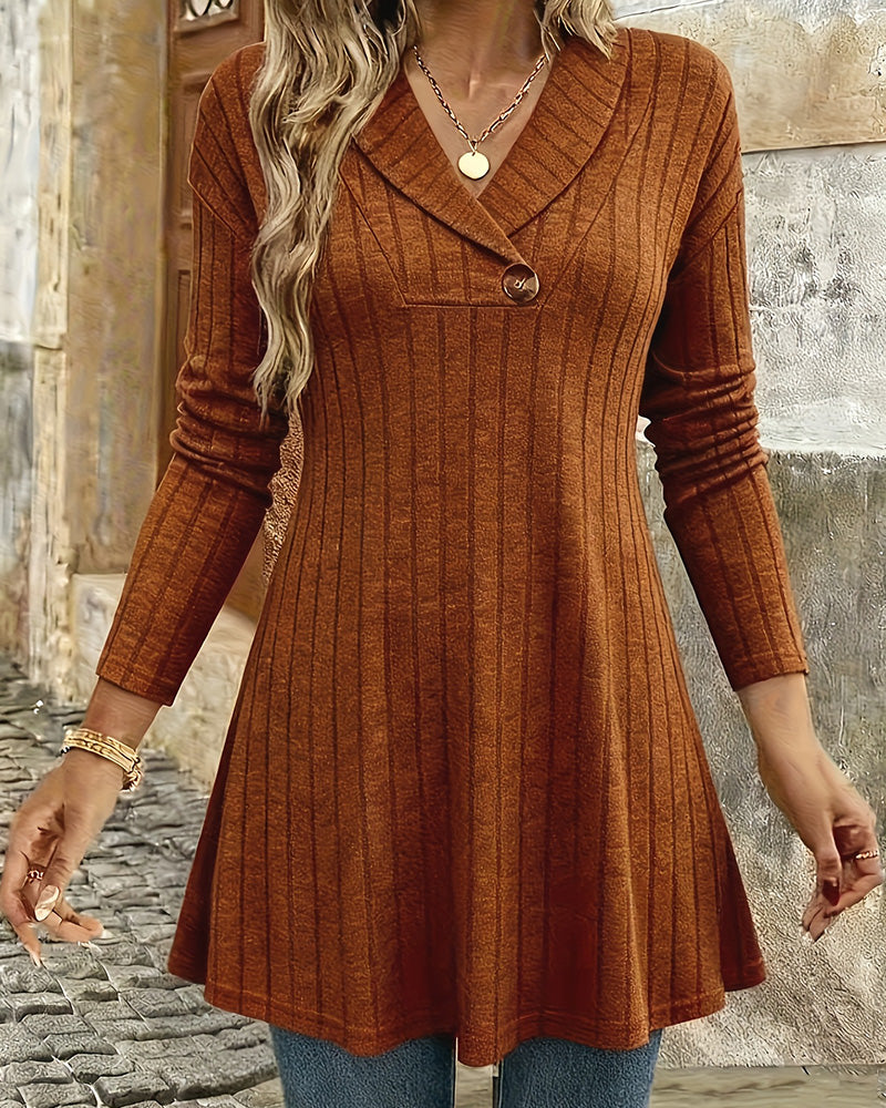 Lapel Button Ribbed Flared Top
