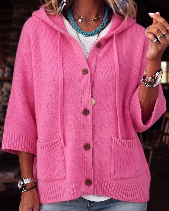 Elbow-Length Sleeve Hooded Single-Breasted Cardigan