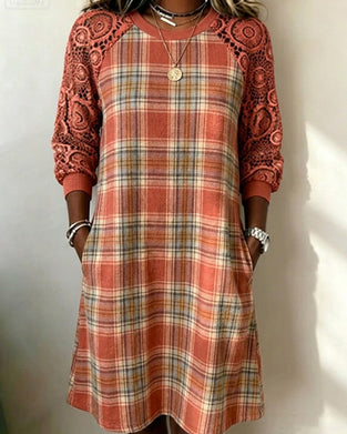 Plaid Lace Raglan Midi Dress