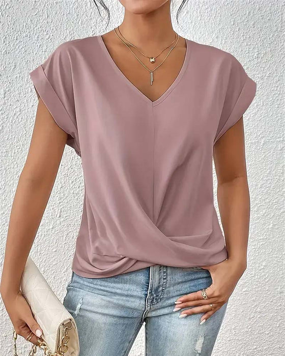 V-Neck Solid Color Elegant Short-Sleeved T-Shirt