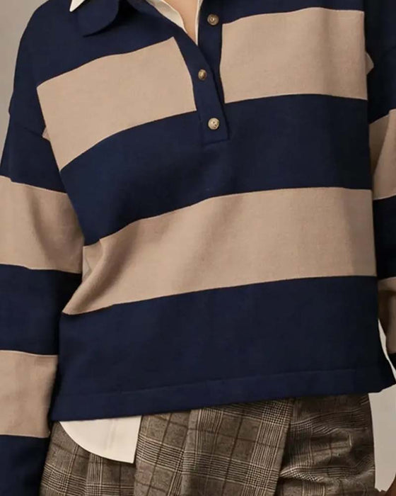 Wide Striped Buttoned Lapel Pullover
