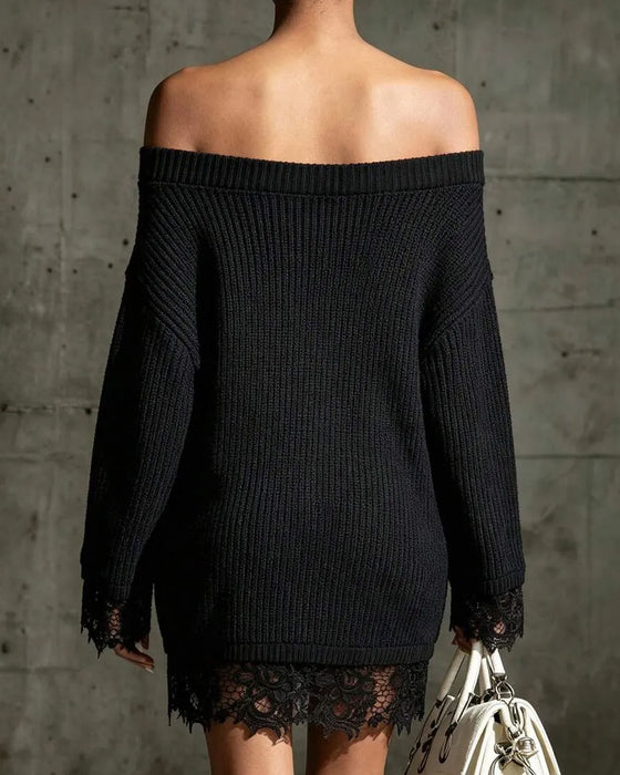 Off-Shoulder Ribbed Lace Patchwork Sweater Dress