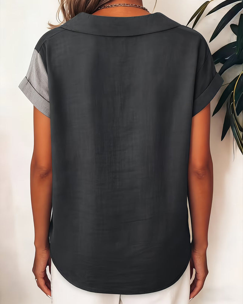 Lapel Color Block Short Sleeve Shirt