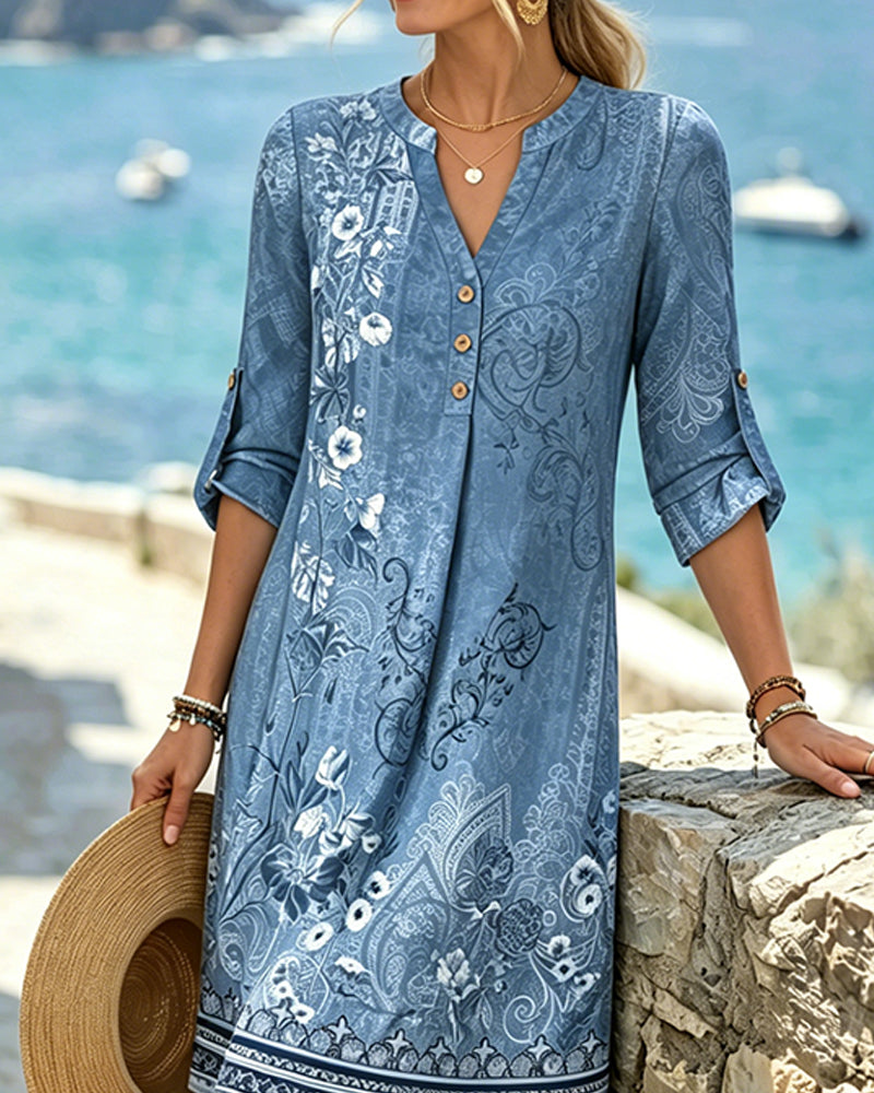 Floral Three-Quarter Sleeve Straight Dresses